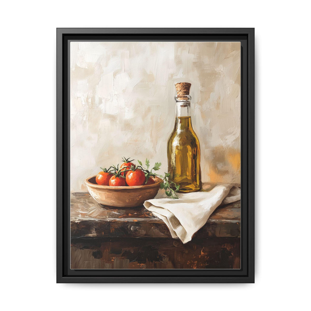 Olive Oil wall art framed canvas print in a black wood frame