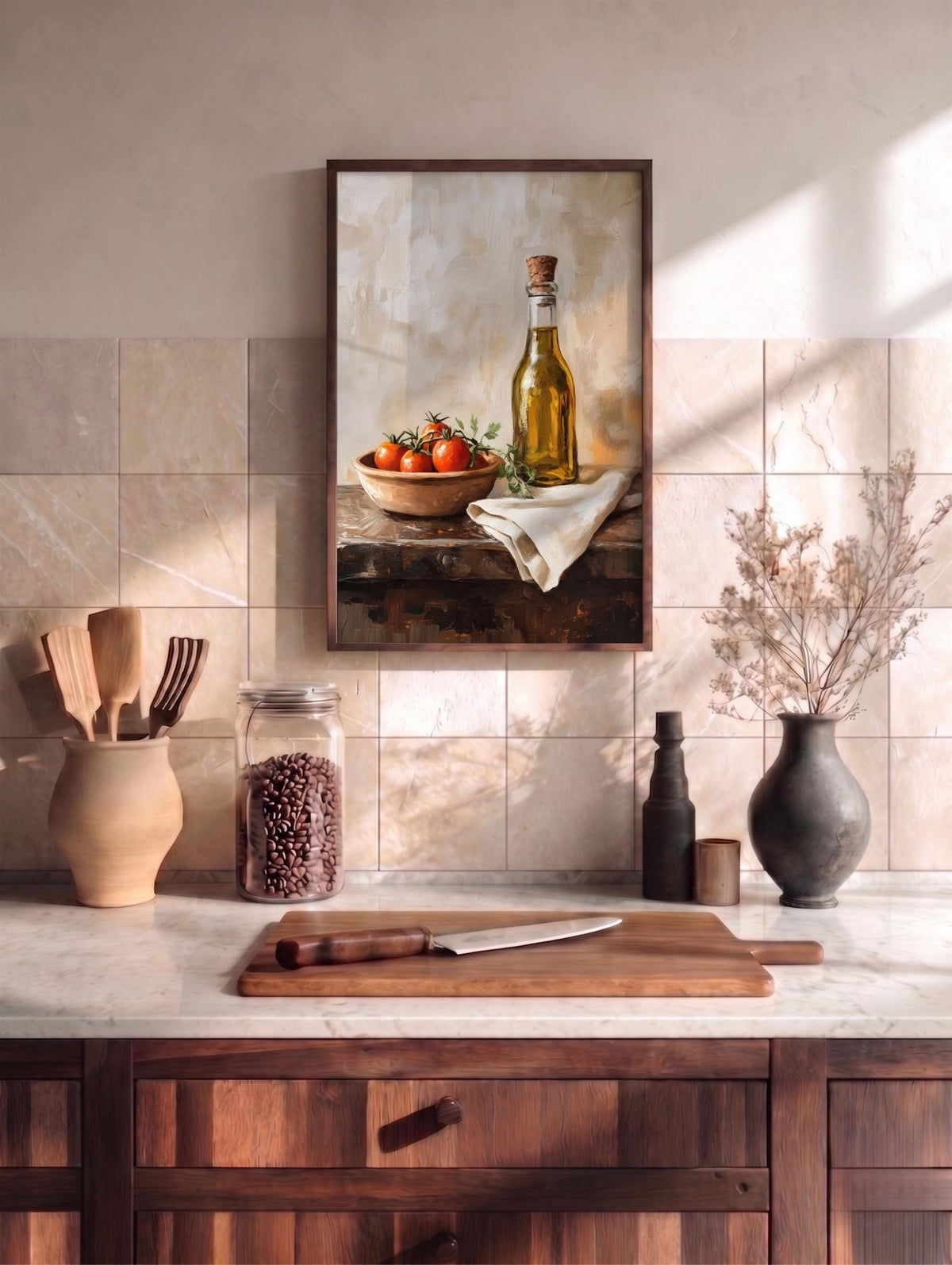 Terracotta and green kitchen canvas print, hand-framed in solid wood and ready to hang