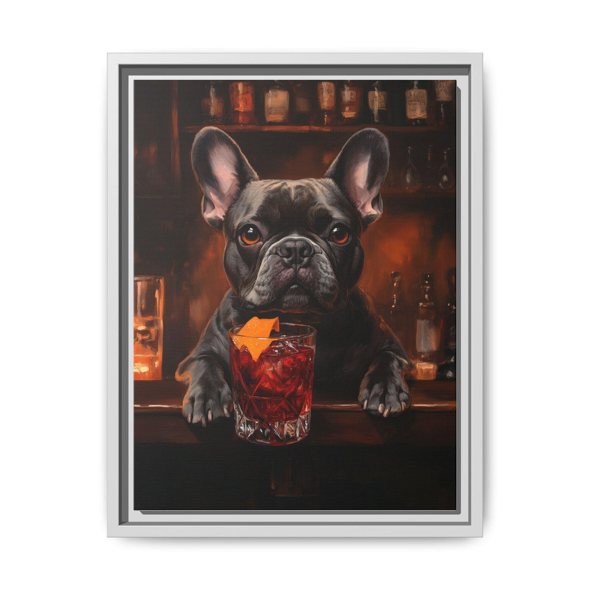 French Bulldog wall art framed canvas print in a white wood frame