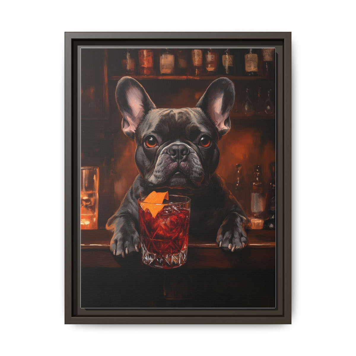 French Bulldog wall art framed canvas print in an espresso wood frame