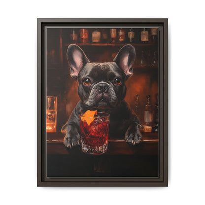 French Bulldog wall art framed canvas print in an espresso wood frame
