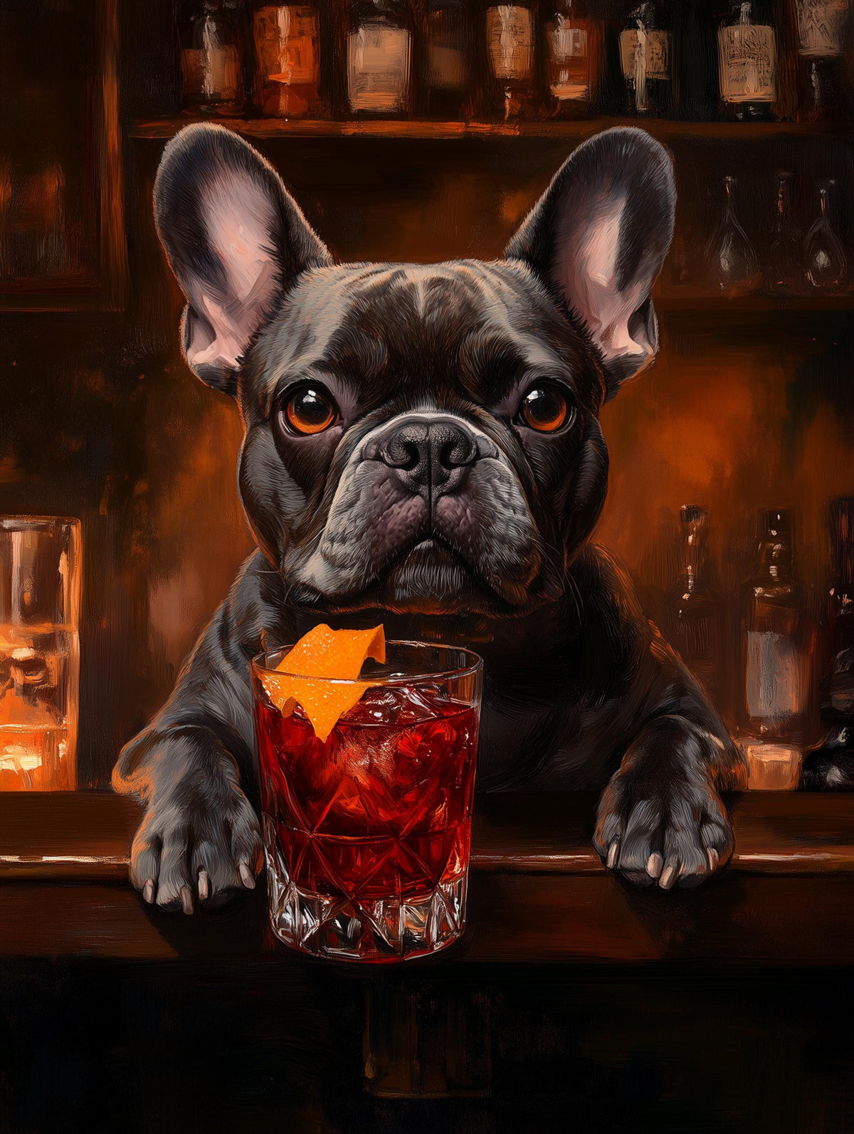 Retro-painterly Frenchie canvas print bathed in warm amber bar light
