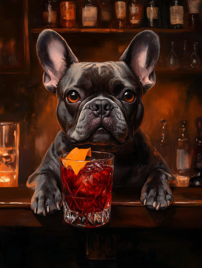 Retro-painterly Frenchie canvas print bathed in warm amber bar light