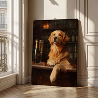Golden Retriever wall art: a honey-gold dog at a vintage bar with champagne poured