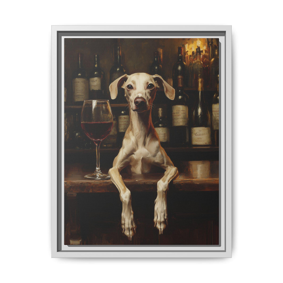 Italian Greyhound wall art framed canvas print in a white wood frame