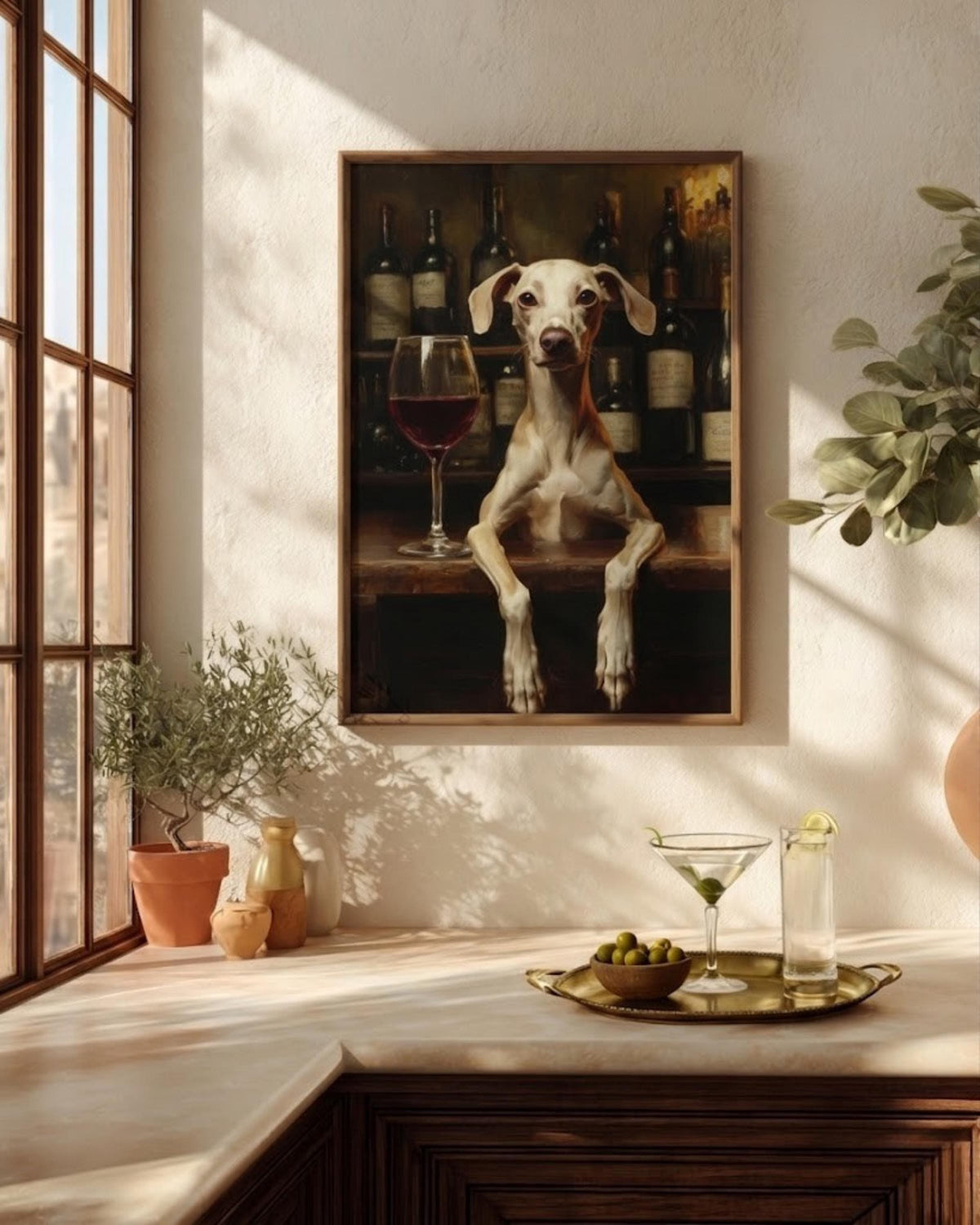 Moody wine bar dog painting in fawn and deep wood tones, made to order and ready to hang