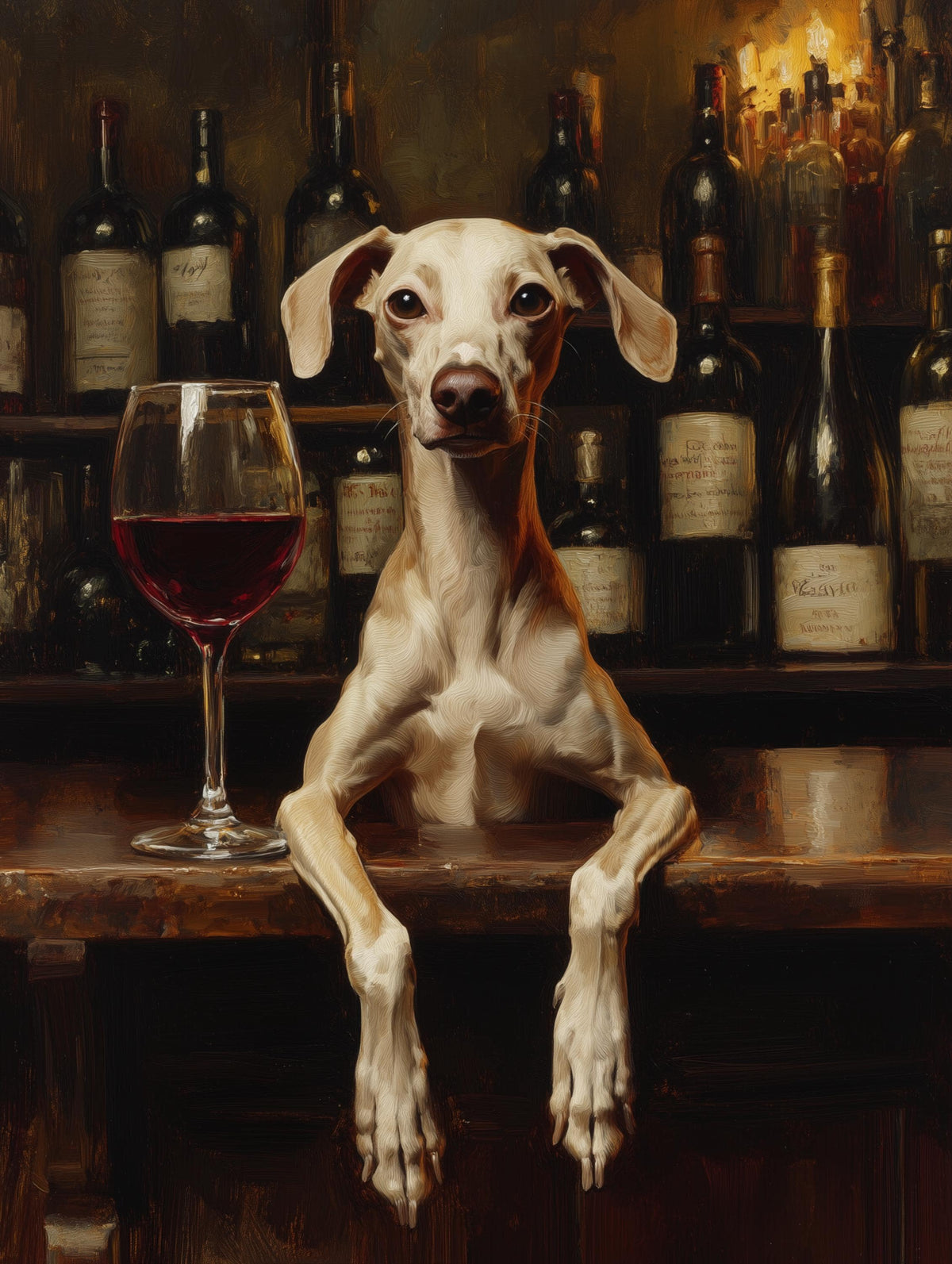 Painterly dog portrait with amber eyes level with yours, oil-painting style canvas print