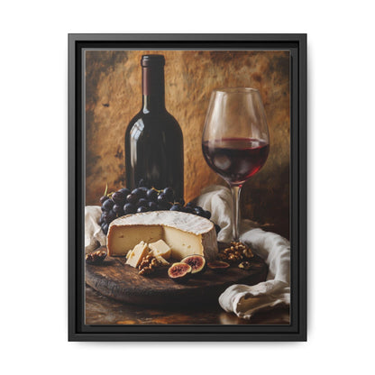Wine and Cheese wall art framed canvas print in a black wood frame