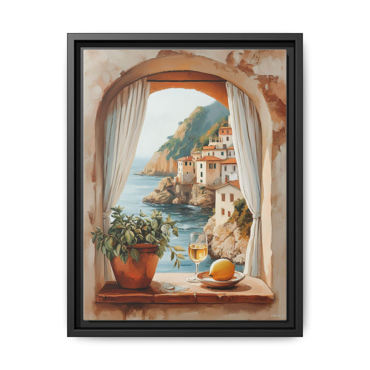Amalfi Coast wall art framed canvas print in a black wood frame
