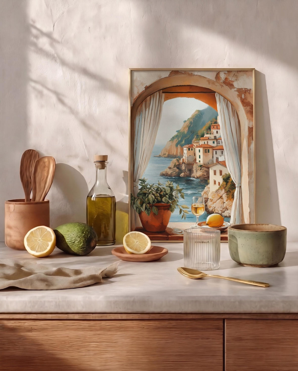 Oil-painting style coastal view printed on matte cotton canvas, made to order