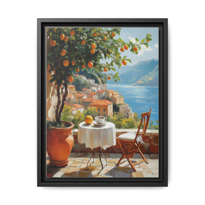 Amalfi Coast wall art framed canvas print in a black wood frame