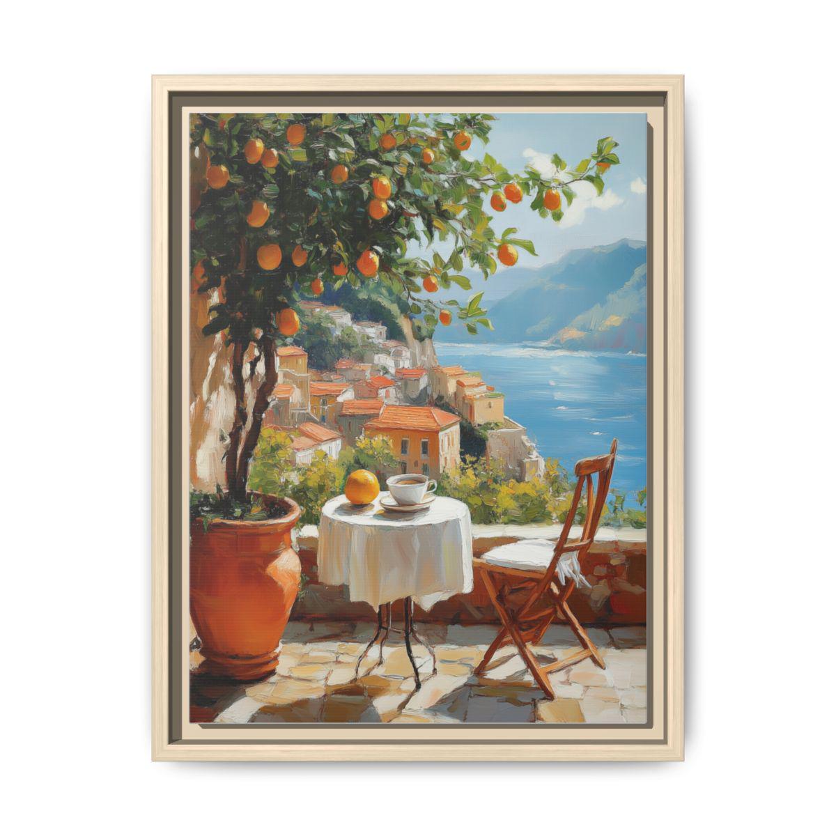Amalfi Coast wall art framed canvas print in a natural wood frame