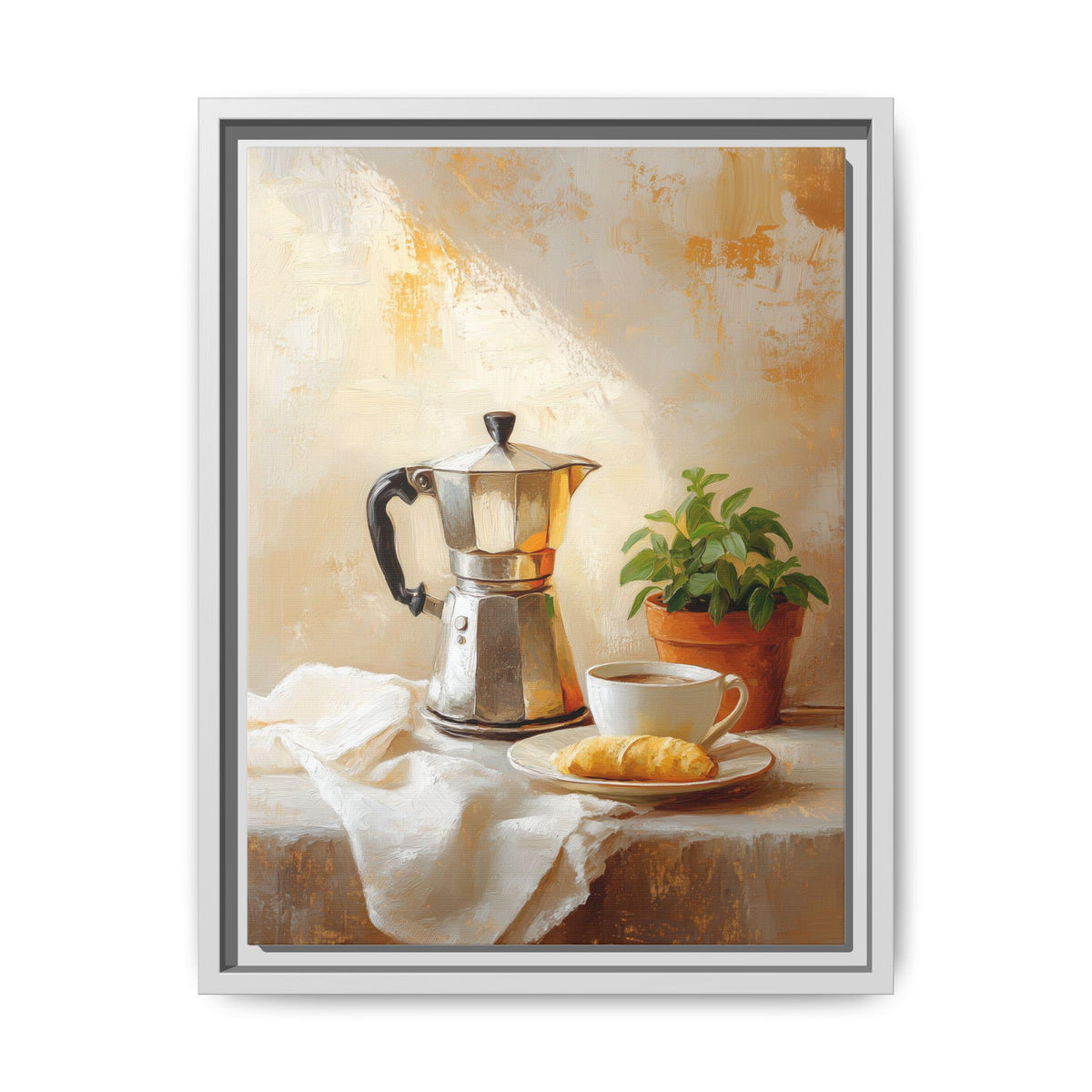 Moka Pot wall art framed canvas print in a white wood frame