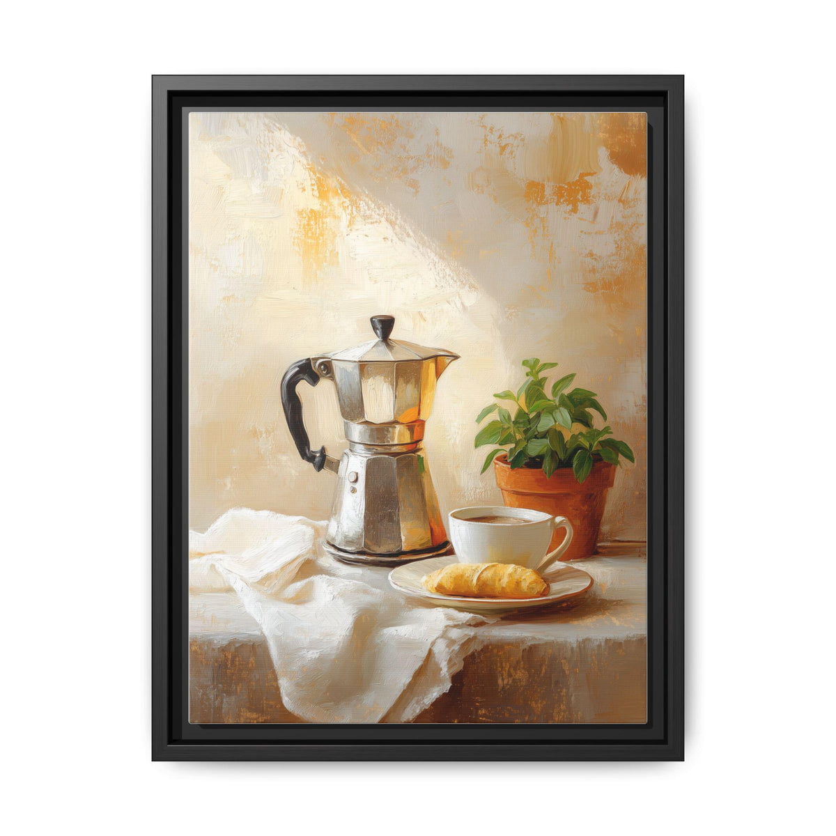 Moka Pot wall art framed canvas print in a black wood frame