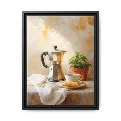 Moka Pot wall art framed canvas print in a black wood frame