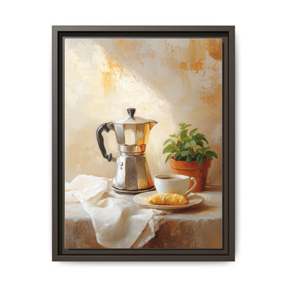 Moka Pot wall art framed canvas print in an espresso wood frame