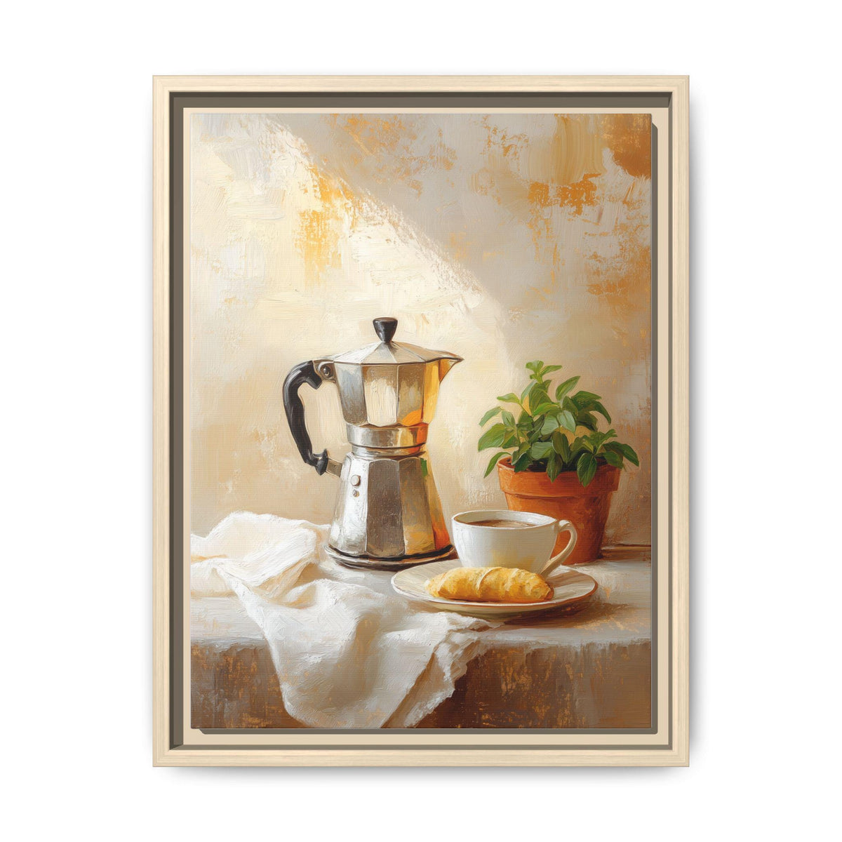 Moka Pot wall art framed canvas print in a natural wood frame