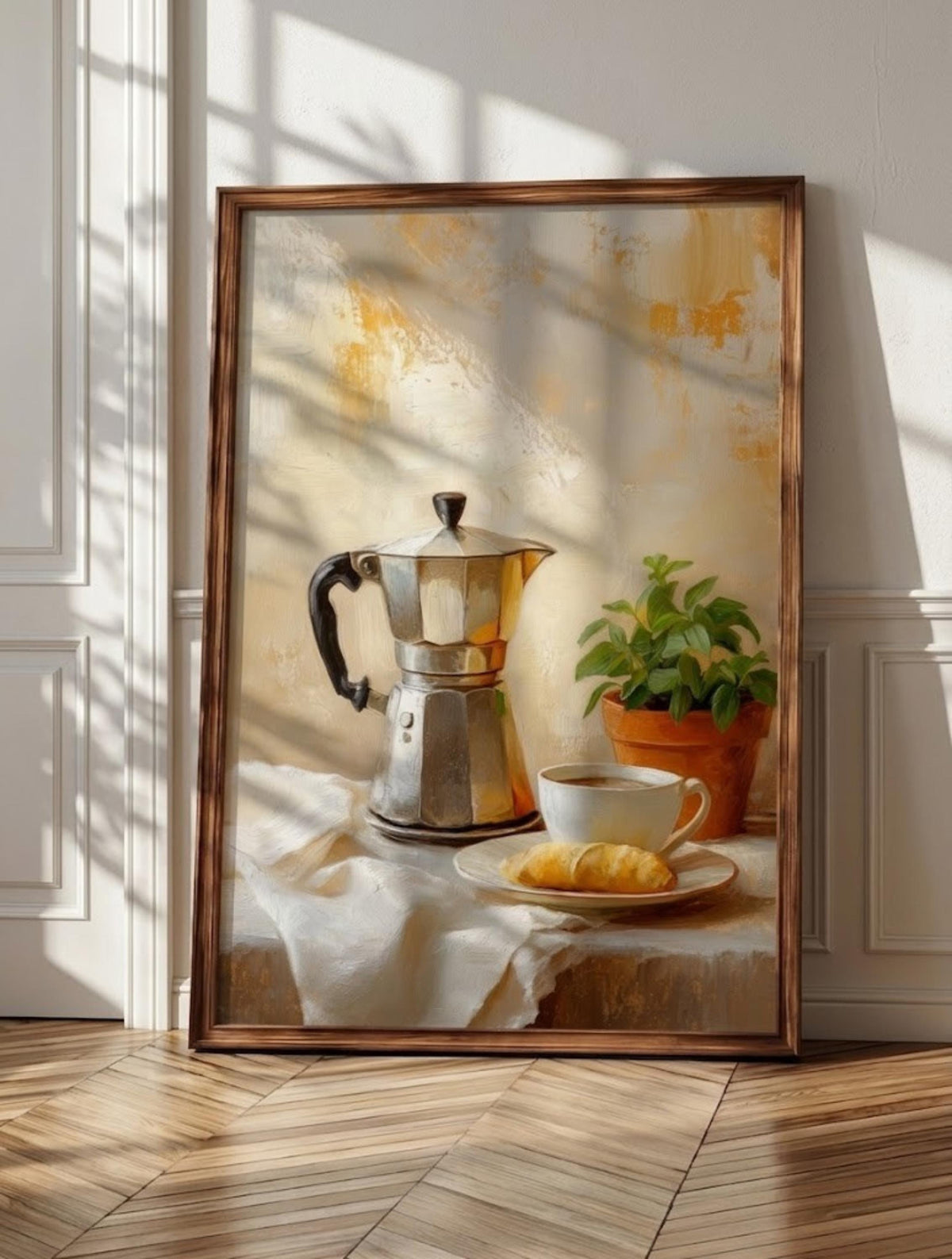 Moka pot wall art: a stovetop espresso maker with steam still rising, framed canvas print