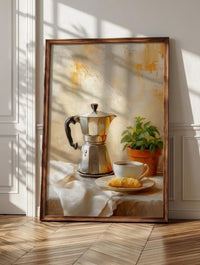 Moka pot wall art: a stovetop espresso maker with steam still rising, framed canvas print