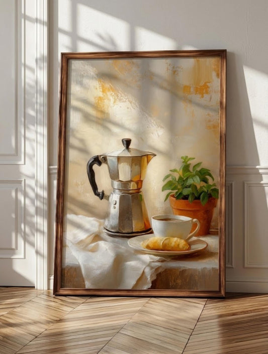 Moka pot wall art: a stovetop espresso maker with steam still rising, framed canvas print