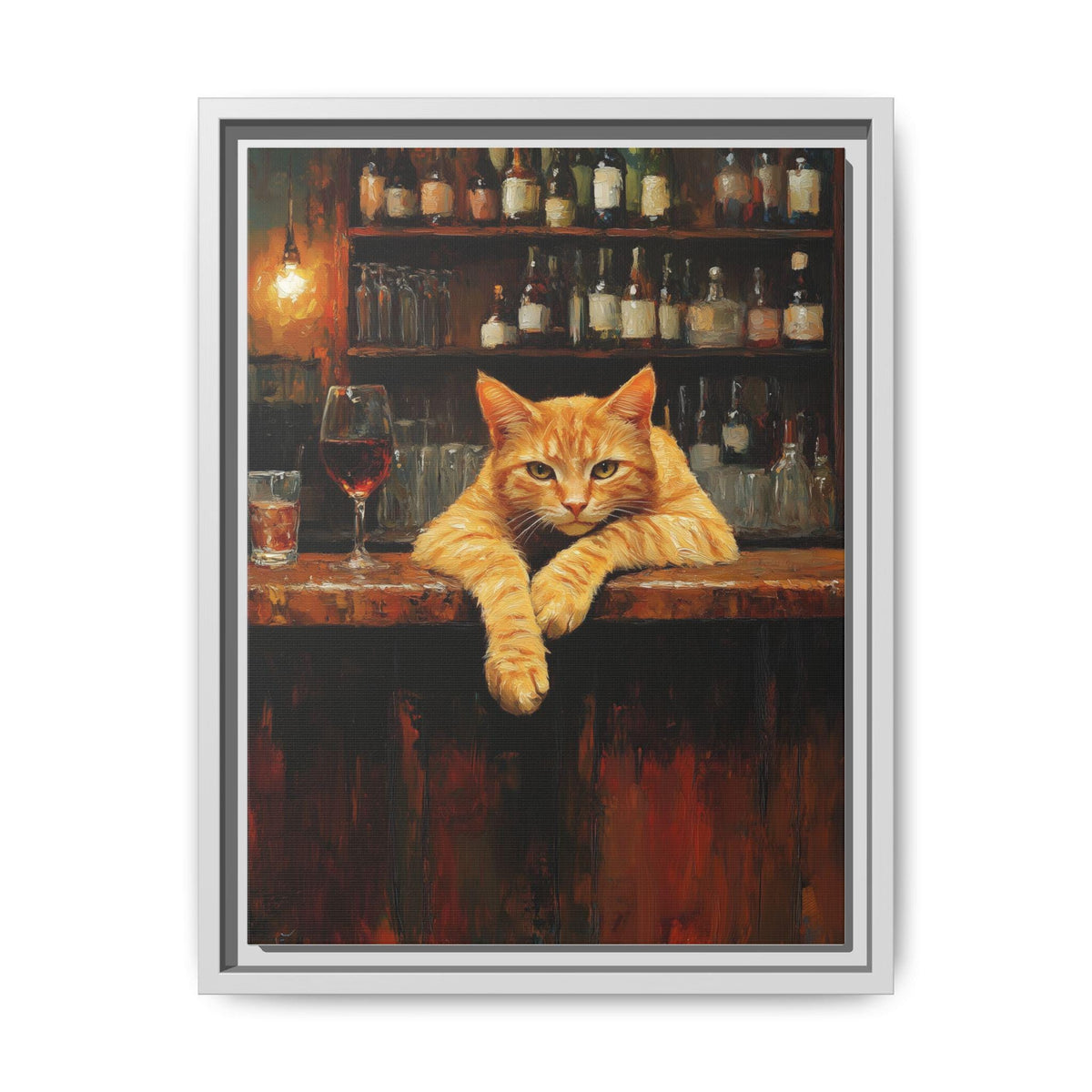 Orange Tabby Cat wall art framed canvas print in a white wood frame