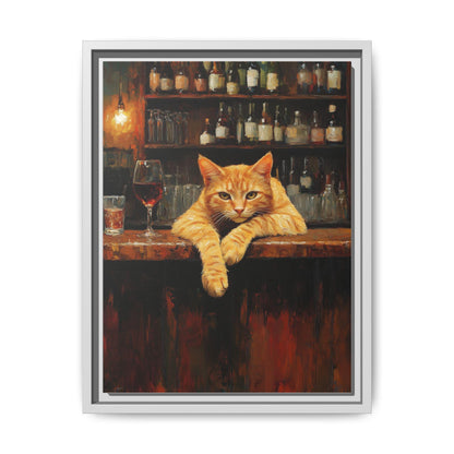 Orange Tabby Cat wall art framed canvas print in a white wood frame