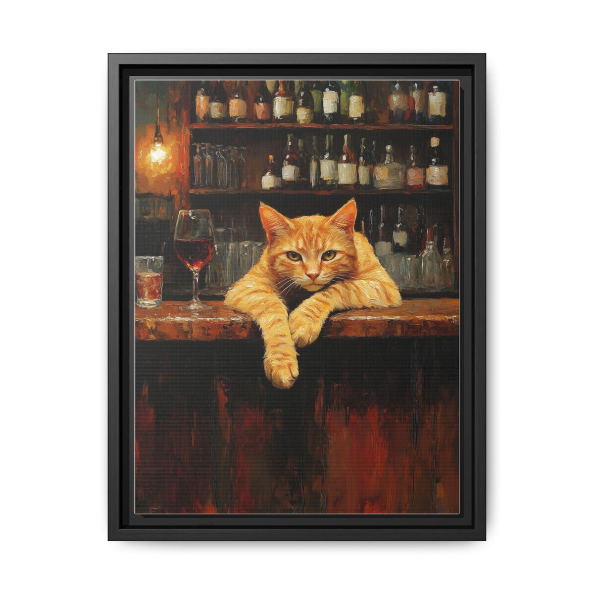 Orange Tabby Cat wall art framed canvas print in a black wood frame