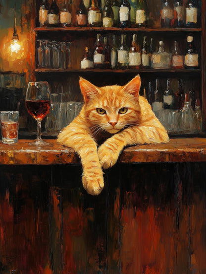 Painterly orange tabby canvas print with a glass of deep red wine on the counter