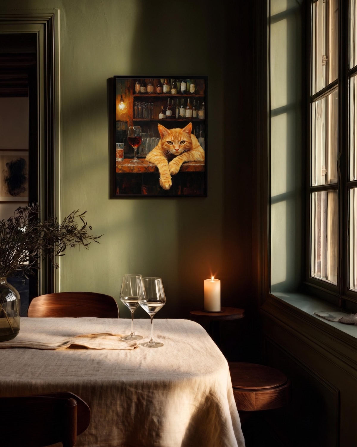 Cat and wine framed canvas art hand-framed in solid wood, ready to hang