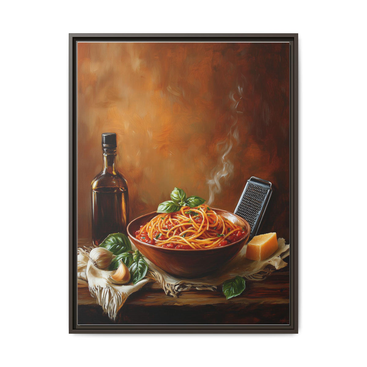Pasta wall art framed canvas print in an espresso wood frame