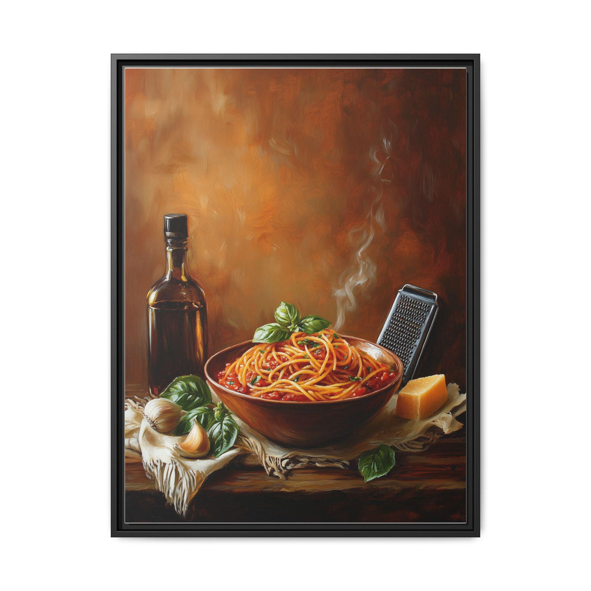 Pasta wall art framed canvas print in a black wood frame