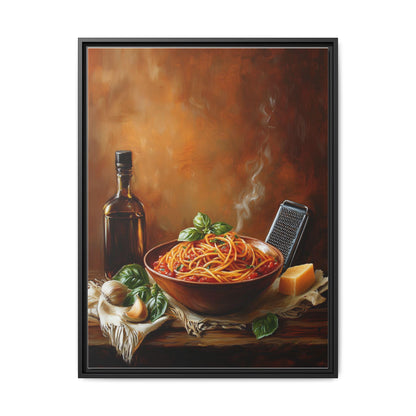 Pasta wall art framed canvas print in a black wood frame