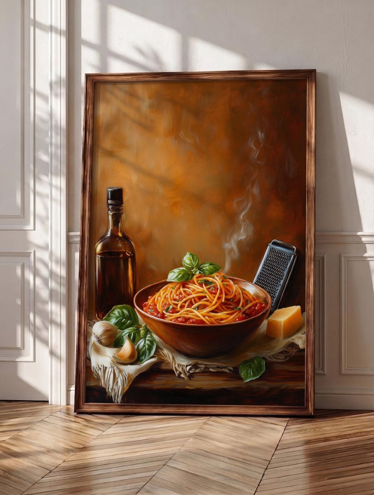 Pasta wall art: a steaming bowl of pomodoro with basil and parmesan, framed canvas print