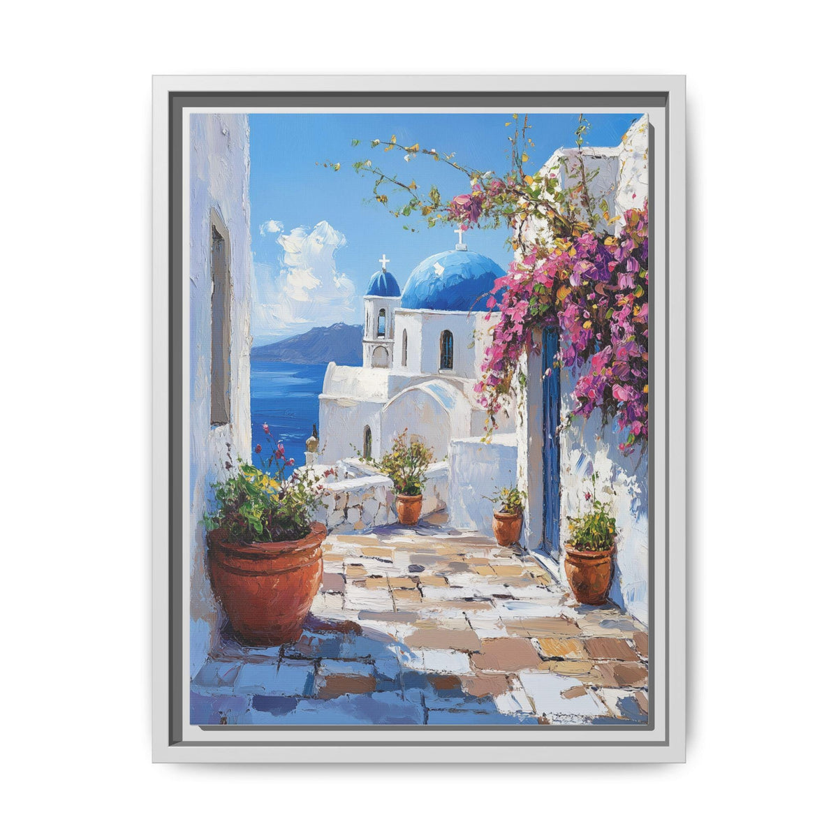 Santorini wall art framed canvas print in a white wood frame