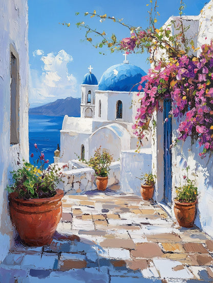 Aegean island framed canvas with terraced houses painted in soft Mediterranean light