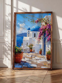 Santorini wall art: cubic white buildings cascading down the cliffside under cobalt domes