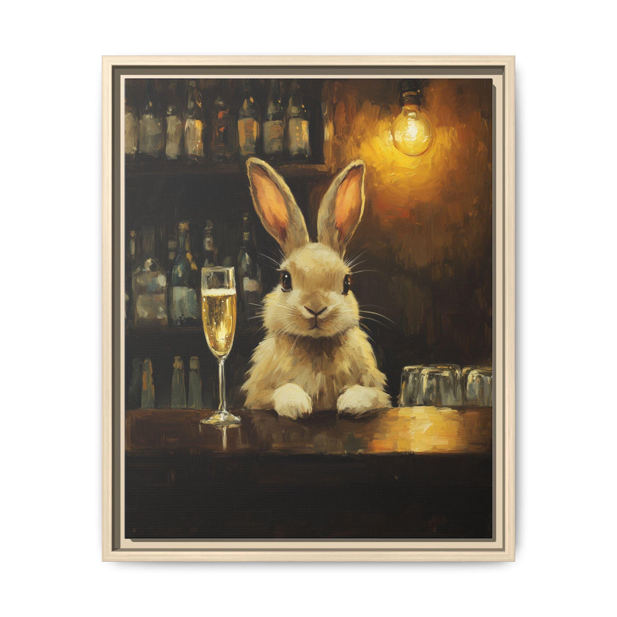 Rabbit wall art framed canvas print in a natural wood frame