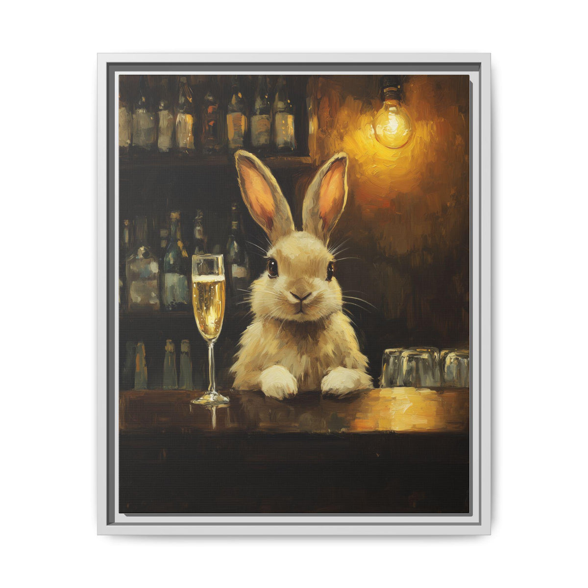 Rabbit wall art framed canvas print in a white wood frame
