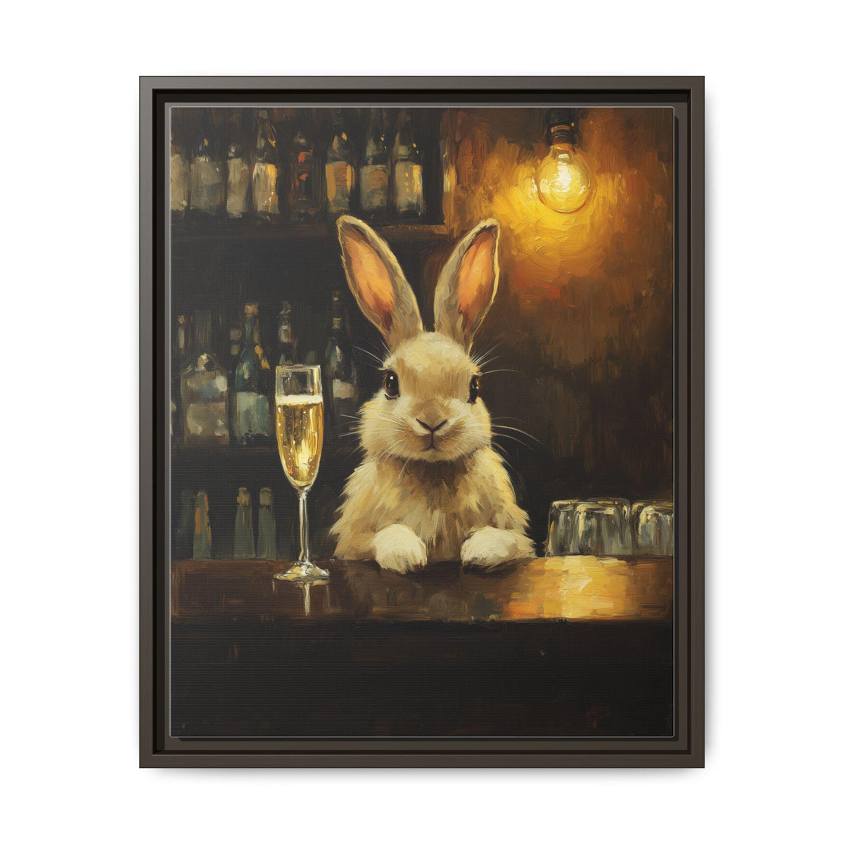 Rabbit wall art framed canvas print in an espresso wood frame