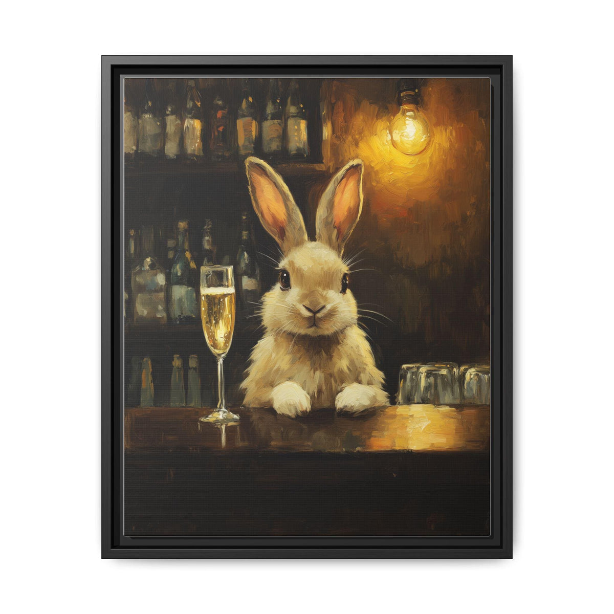 Rabbit wall art framed canvas print in a black wood frame