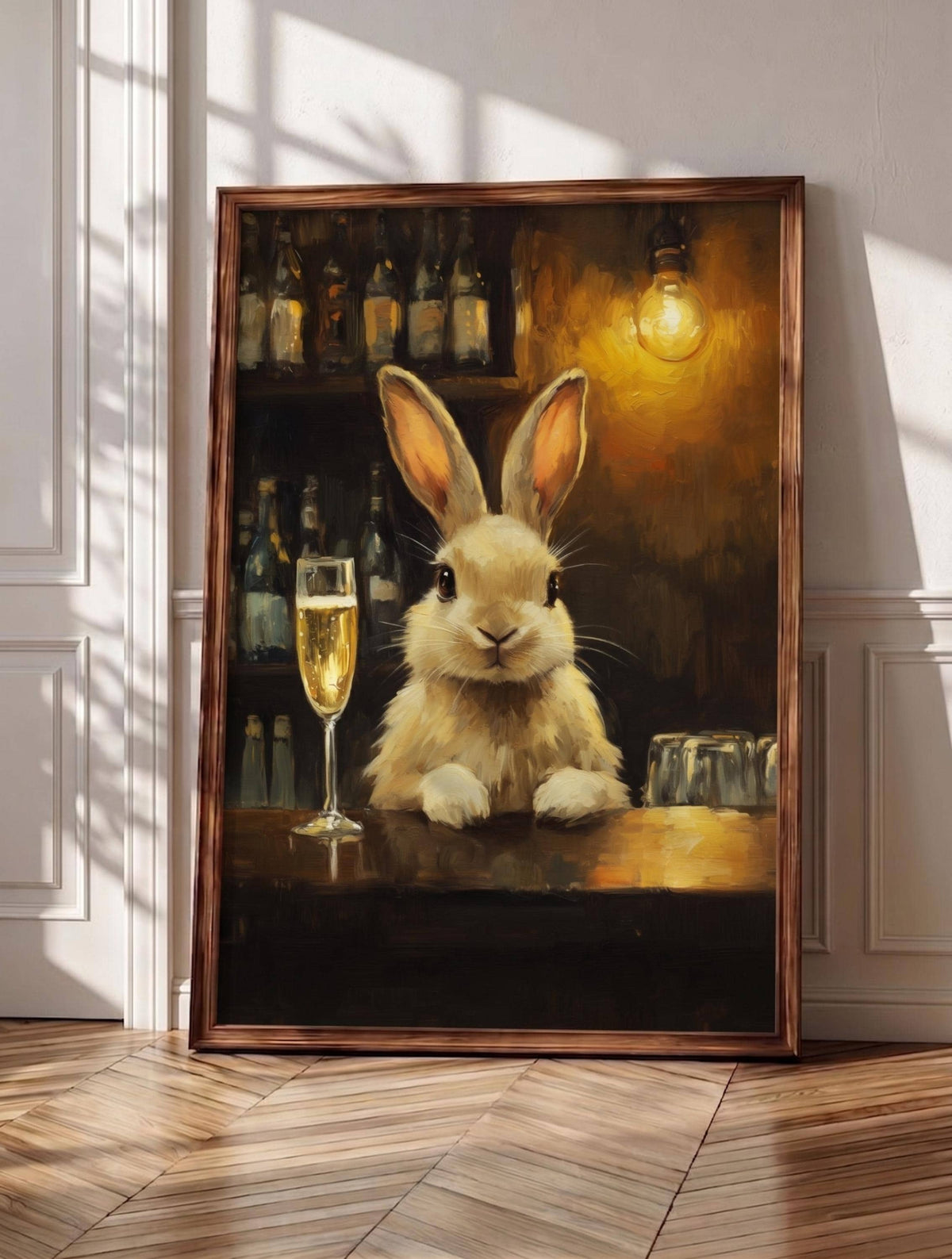 Rabbit wall art: a cream rabbit settled in at a dark Italian bar counter