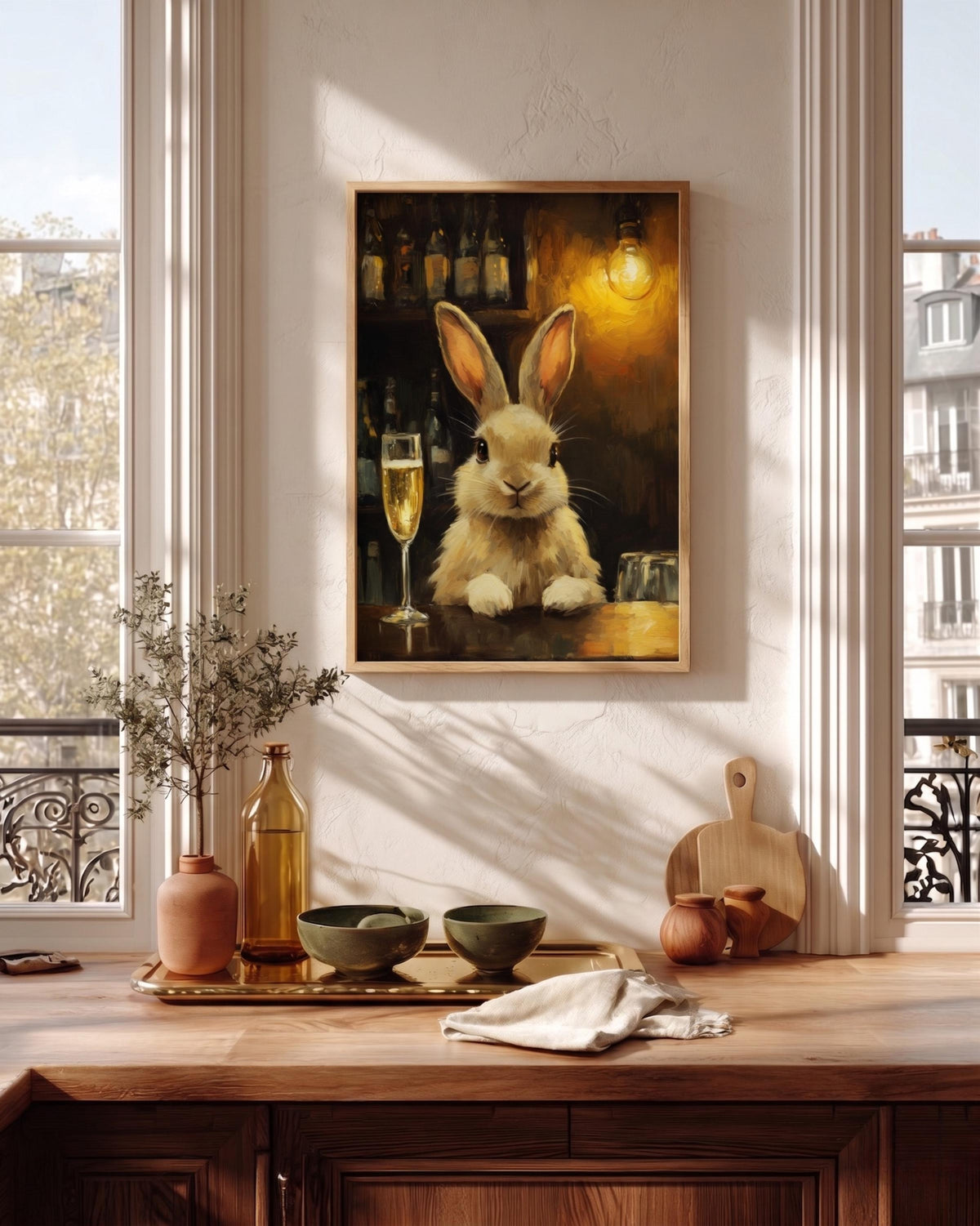 Oil-painting style rabbit and champagne print on cotton canvas, made to order