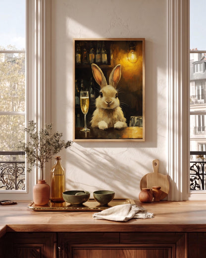 Oil-painting style rabbit and champagne print on cotton canvas, made to order