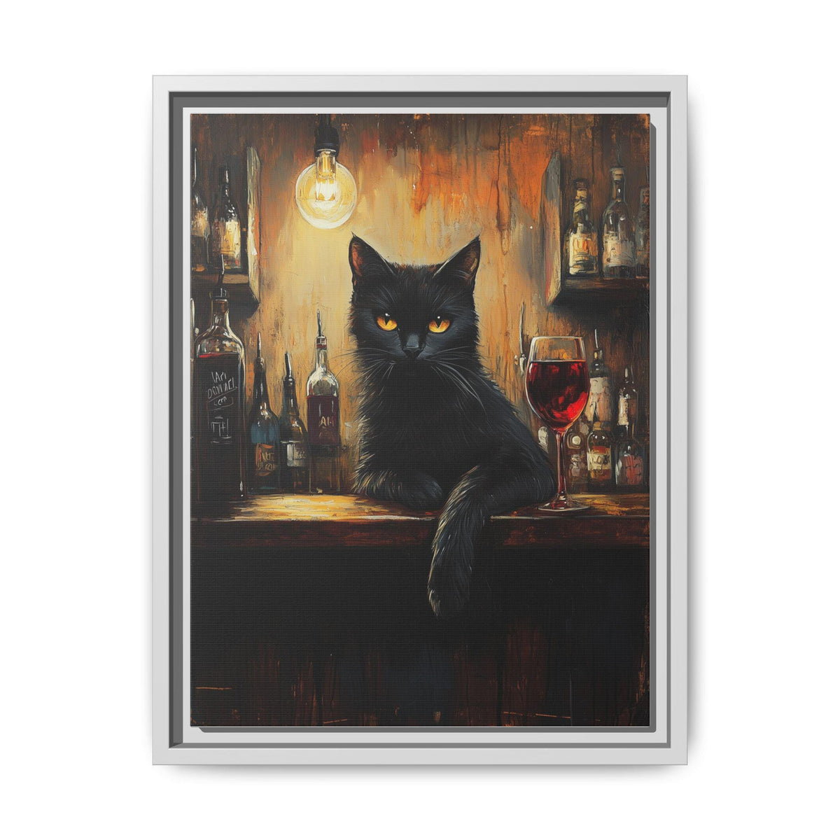 Black Cat Wine wall art framed canvas print in a white wood frame