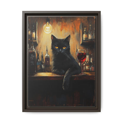 Black Cat Wine wall art framed canvas print in an espresso wood frame