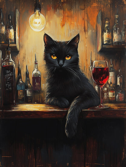 Painterly wine bar canvas print with burgundy glowing under Edison light