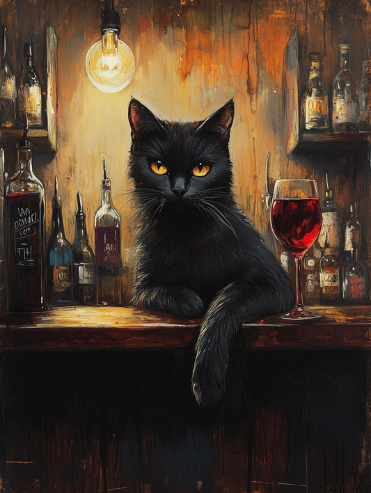 Painterly wine bar canvas print with burgundy glowing under Edison light