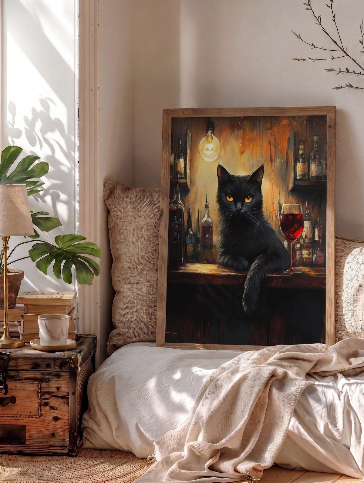 Black cat framed canvas art set in a solid wood frame, ready to hang