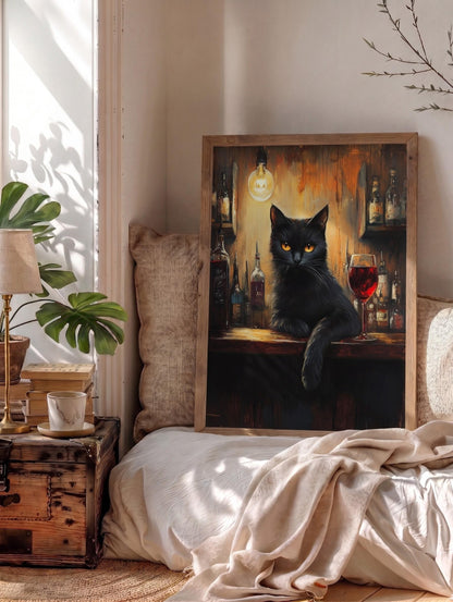Black cat framed canvas art set in a solid wood frame, ready to hang