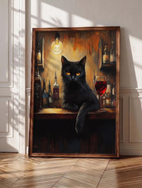 Black cat wine wall art: a sleek cat leaning on a dark Italian bar counter, framed canvas